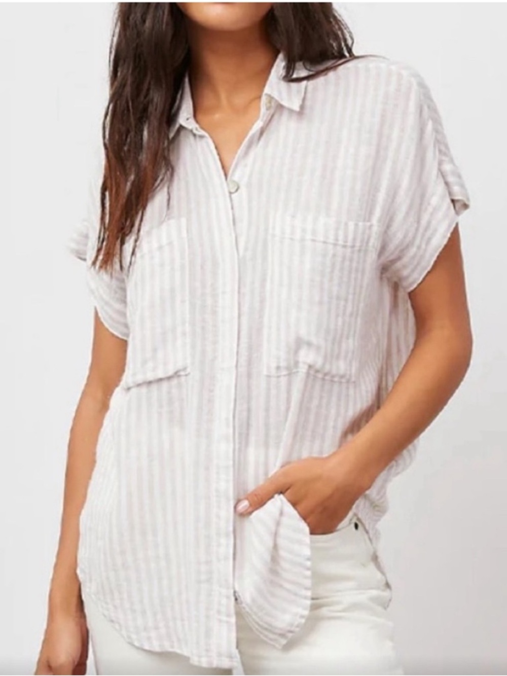 Rails Cito Dune Stripe Buttondown Short Sleeve Top Linen Blend Size XS